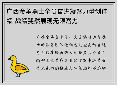 广西金羊勇士全员奋进凝聚力量创佳绩 战绩斐然展现无限潜力