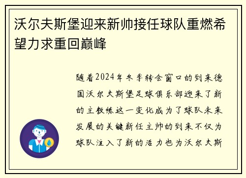 沃尔夫斯堡迎来新帅接任球队重燃希望力求重回巅峰