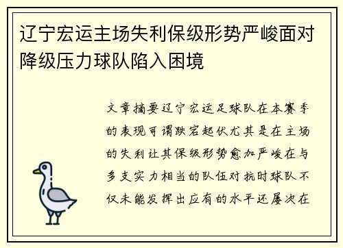 辽宁宏运主场失利保级形势严峻面对降级压力球队陷入困境