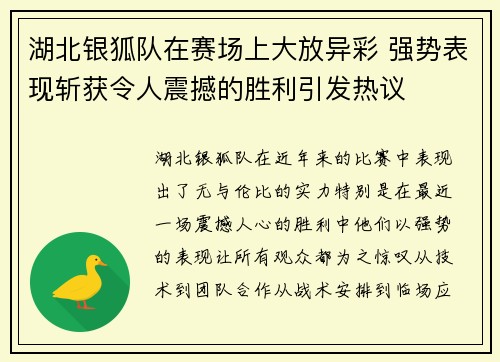湖北银狐队在赛场上大放异彩 强势表现斩获令人震撼的胜利引发热议