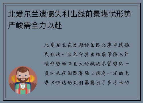 北爱尔兰遗憾失利出线前景堪忧形势严峻需全力以赴
