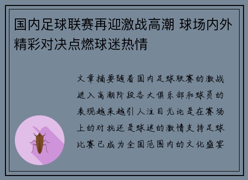 国内足球联赛再迎激战高潮 球场内外精彩对决点燃球迷热情