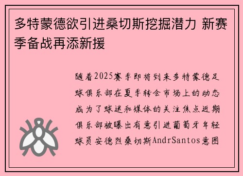 多特蒙德欲引进桑切斯挖掘潜力 新赛季备战再添新援