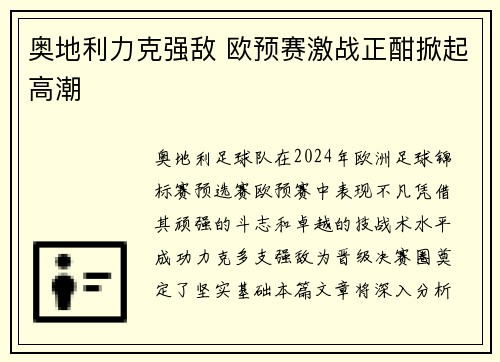 奥地利力克强敌 欧预赛激战正酣掀起高潮