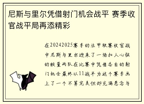 尼斯与里尔凭借射门机会战平 赛季收官战平局再添精彩