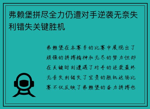 弗赖堡拼尽全力仍遭对手逆袭无奈失利错失关键胜机
