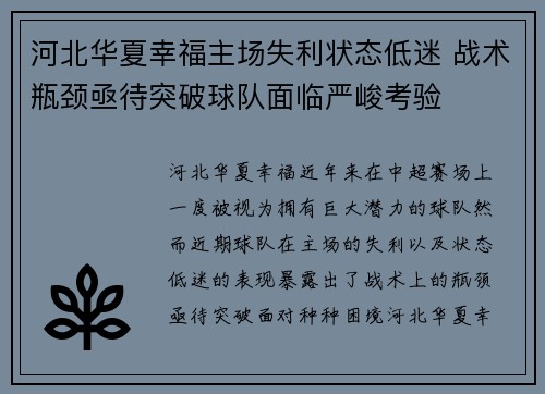 河北华夏幸福主场失利状态低迷 战术瓶颈亟待突破球队面临严峻考验