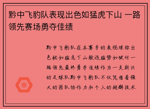黔中飞豹队表现出色如猛虎下山 一路领先赛场勇夺佳绩